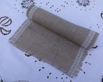 2m Hessian Table Runner with Vintage Style White Lace