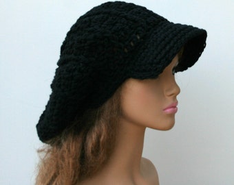 Black cotton Slouchy Newsboy Visor Tam women men newsboy cap, man woman dread visor tam, Hippie brimmed beanie Hat, cotton billed cap beanie