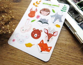 Woodland Animal Stickers // Gouache Painting // White Stickers // Fox Bear Bunny Deer Wolf Hedgehog Squirrel Raccoon Mouse