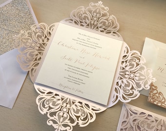 Lasercut Invitation Kit - Blush and Rose Gold Wedding - Pink Wedding Invitation - Rose Gold Glitter Envelope Liner - Quinceanera - Laser Cut