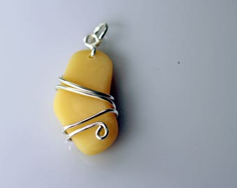 Polymer Clay Faux Sea Glass Pendant - wire wrapped yellow