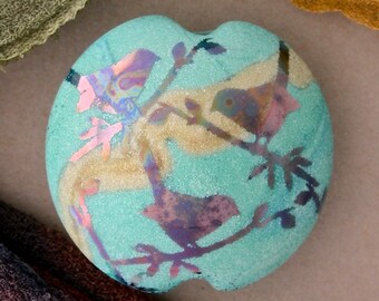 Handmade Lampwork Focal Bead "Birdtalk" SRA Sandblasted Glass ~ Iridescent Lustre Picture Bead ~ Sky & Aqua