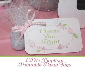 LDS Baptism Printable Party Favor Tags, Pink and Gray, Girls Baptism, Chews the Right, CTR, Choose the Right, Floral Baptism Prints