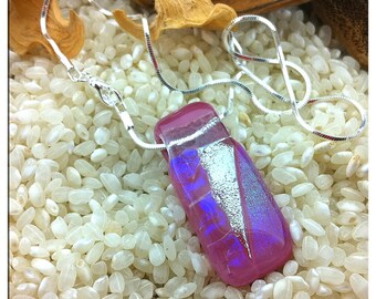 Fused Dichroic Glass Slider Pendant on a Sterling Silver Plated Chain Necklace - Dusky Pink - Iridescent Colours - Pink Blue Purple