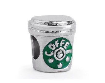 Coffee Bead, Large Hole Bead, European Bead, Charm Bead, Add a Bead, Charm Bracelet, European Charm, Big Hole Bead, Green, Silver