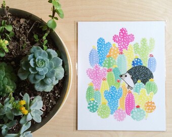 Hedgehog Print (hedgehog art - hedgehog gift - animal art - hedgehog painting - hedgehog cactus - cactus print - cactus art - cactus decor)