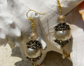 Earrings - Beaded with Larger Pearl and antiqued caps and crystals