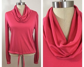 30% Off Sale 70s Qiana by Lady Manhattan Coral Pink Cowl Neck Drawstring Top, Size Small to Medium
