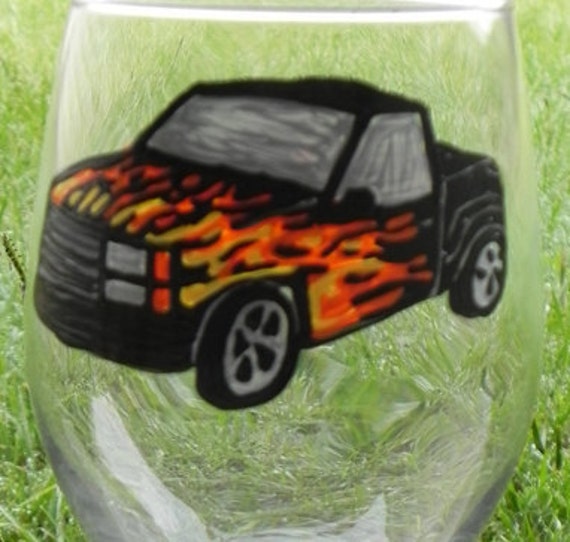 Truck w/ flames Wine Glass