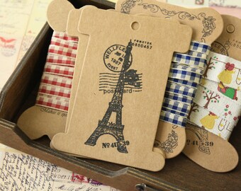 5pc set vintage EIFFEL Kraft bobbin ribbon thread yarn card spool