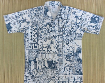 Vintage Hawaiian Shirt 1970s RESORT WARE by Rialo Egyptian Goddess Bohemian Print Mod Psychedelic Hipster Mens - M- Oahu Lew's Shirt Shack