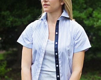 The Preppy Elephant Stripe Short Sleeve Oxford Shirt w/ribbon detail