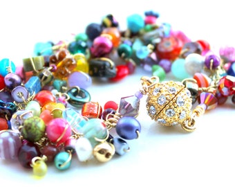 gold bling bracelet. multicolored uniquenecks wire wrapped bracelet. gemstones pearls swarovski polymer fruit. sparkle bracelet