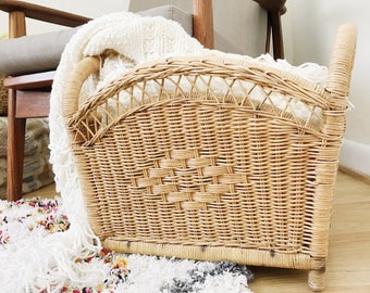 Vintage Wicker Magazine Holder / Blanket Basket