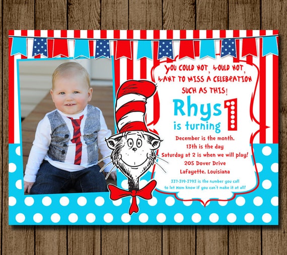 Customized Cat in the Hat Birthday Invitation Invite with