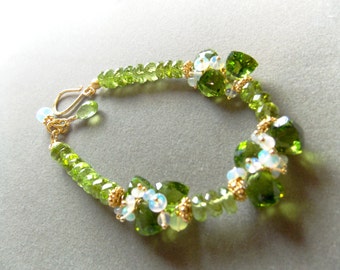Peridot Ethiopian Opal Peridot Quartz Gemstone Cluster Bracelet with 24k Gold Vermeil August October Birthstone Made to Order