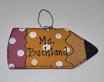 Personalized Wooden Teacher Pencil Winter Tree Ornament - Your Name - Christmas Holiday - Hand Painted Wood - School