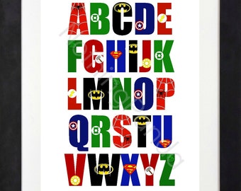 Superhero Alphabet Printable // Superhero ABC's // Superhero Wall Art // Boys Room Decor // ABC's Superhero Logos // Superhero Nursery
