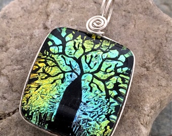 SALE Hand Etched Boab Tree Dichroic Glass Pendant Wire Wrapped - Studio Clearance