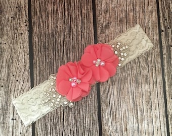 Coral headband, rhinestone headband, flower girl headband, vintage headband, lace headband, rhinestone and pear, flower girl