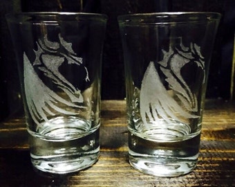 1 Nordic dragon shot glass - Nordic, nordic dragon, shot glass, shooter, barware, glassware, hand etched, etched glassware, holiday, gift id
