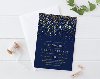 Printable Wedding Invitation Set, Navy Gold Confetti Wedding Invitation Set, Celebration Wedding Invitation Set