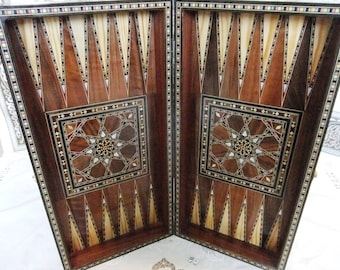 Elegant Backgammon/ Checkers/Chessboard With Mosaic Woodwork -made of walnut as well as mother of Pearl and Seashell .