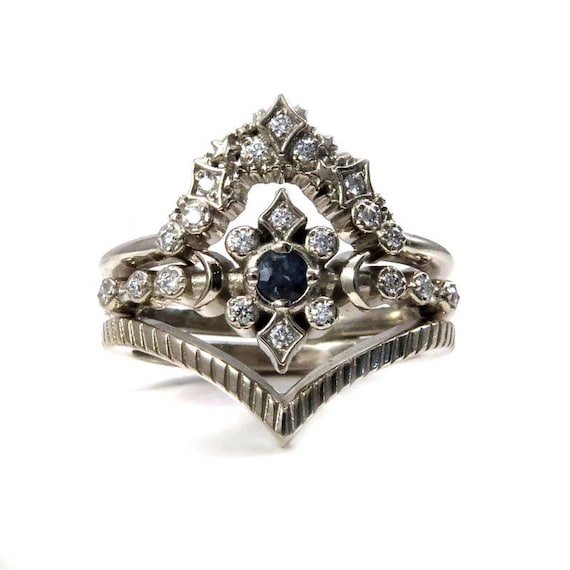 Moon and Star Alexandrite Engagement Ring Set with Stardust Diamond Wedding Band and Textured Chevron - 14k Palladium White Gold