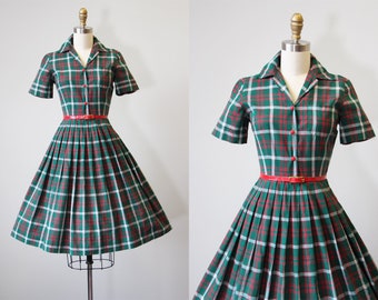 1950s Dress - Vintage 50s Dress - Snappy Green Tartan Plaid Cotton Shirtwaist Dress Size XS