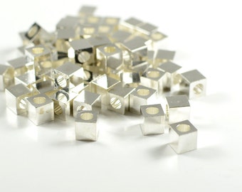 Smooth Edge Cube, 5mm, Square Bead, Tarnish Resist Silver Plating, Lead Free, Solid Brass Bead, 2.9mm Hole, RETAIL - 25 PCS/ order