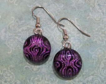 Pink Dichroic Earrings, Pink and Black Dangle Earrings, Hypoallergenic Earring, Fused Glass Jewelry, Ready to Ship - Susie - 6