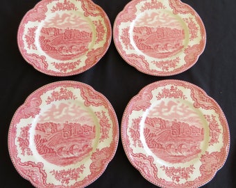 FOUR (4) Red Transferware Side Plates, JOHNSON BROS, Old Britain Castles, Serving Bridal Staffordshire