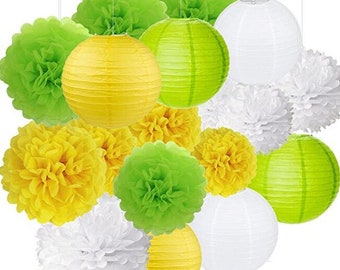 18Pcs Party Pack Paer Lanterns and Pom Pom Balls Hanging Decoration for Wedding Birthday Baby Shower-Yellow/Green/White