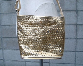 Studded Leather Purse Vintage 1980s Gold Studs Gems Jeweled
