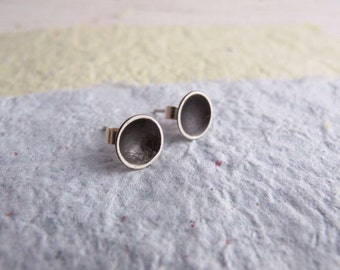 Sterling silver round domed studs, oxidised, black inside, patina, rustic earrings, minimal, dark, valentines gift for her