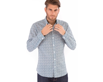 Mens 100% Cotton Long Sleeve Slim Fit Shirt Green White Chevron Print