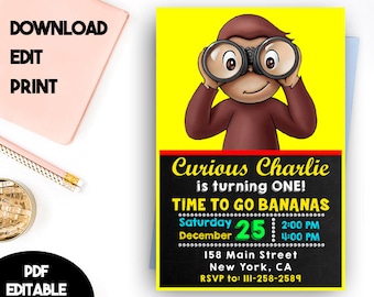 Curious George Birthday Invitation, Curious George Birthday, Curious George PDF Editable Template, Curious George PDF Instant Download