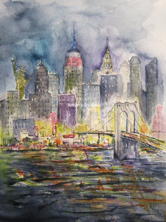 New York City Skyline Print Of Original Watercolor Painting