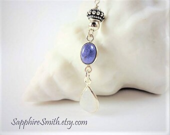MOONLIGHT Gemstone Necklace, Rainbow Moonstone, Tanzanite, and Bali Sterling Lariat Pendant Necklace, luxe gemstones