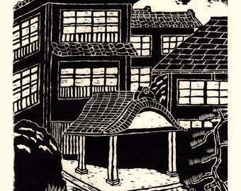 Japanese Ukiyoe, Woodblock print. Sosaku-Hanga, "Hatago".