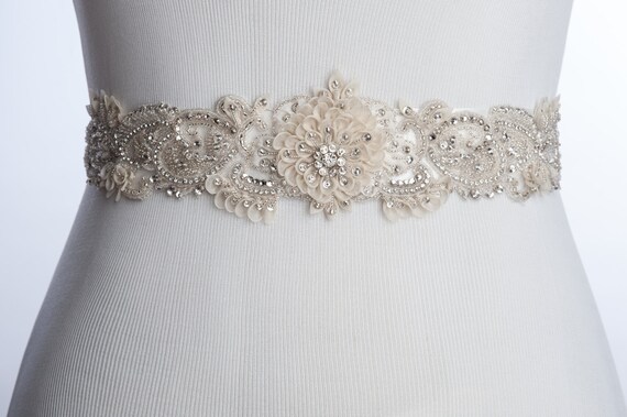 ivory Bridal sash with silk petals wedding dress sash