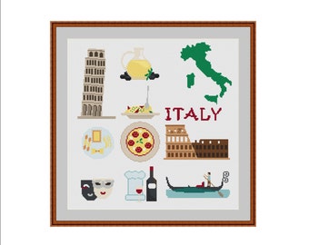 Italy cross stitch, Italy map, Rome, Venice, Coliseum, Leaning Tower of Pisa, Italian food, Italian wine, Italian art, Olive oil, Gondola