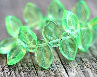 Green and Yellow leaves, Czech glass beads, green leaf beads, 12x7mm - 25Pc - 0060