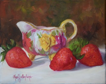 Still Life Painting,Elegant Victorian Creamer And Strawberries, Small Original Oil Painting on Canvas by Cheri Wollenberg