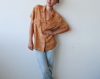 SALE! Orange Patterned SILK Short Sleeve Blouse