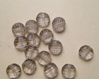 Vintage 2 X 8mm light grey disk glass beads with surface stripes