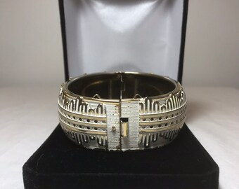 Ivory Enameled and Gold Trim Ornate Cuff Bracelet