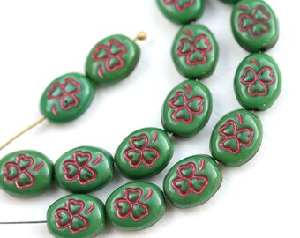 Green Shamrock beads Czech glass clover beads Green Red St. Patrick Irish oval beads, 10x8mm - 12Pc - 1834