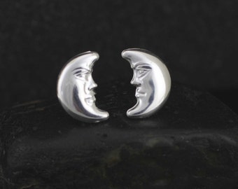 Silver Moon Stud, Sterling Silver Moon Stud Earrings, Silver Moon Face Earrings, Crescent Moon Post Earrings, Celestial Stud Earrings,