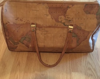 VINTAGE 1990s Gitano Huge Brown Faux Leather Weekender World Atlas Globe Map Print Gym Travel Shopping Carry On Tote Duffel Bag Purse